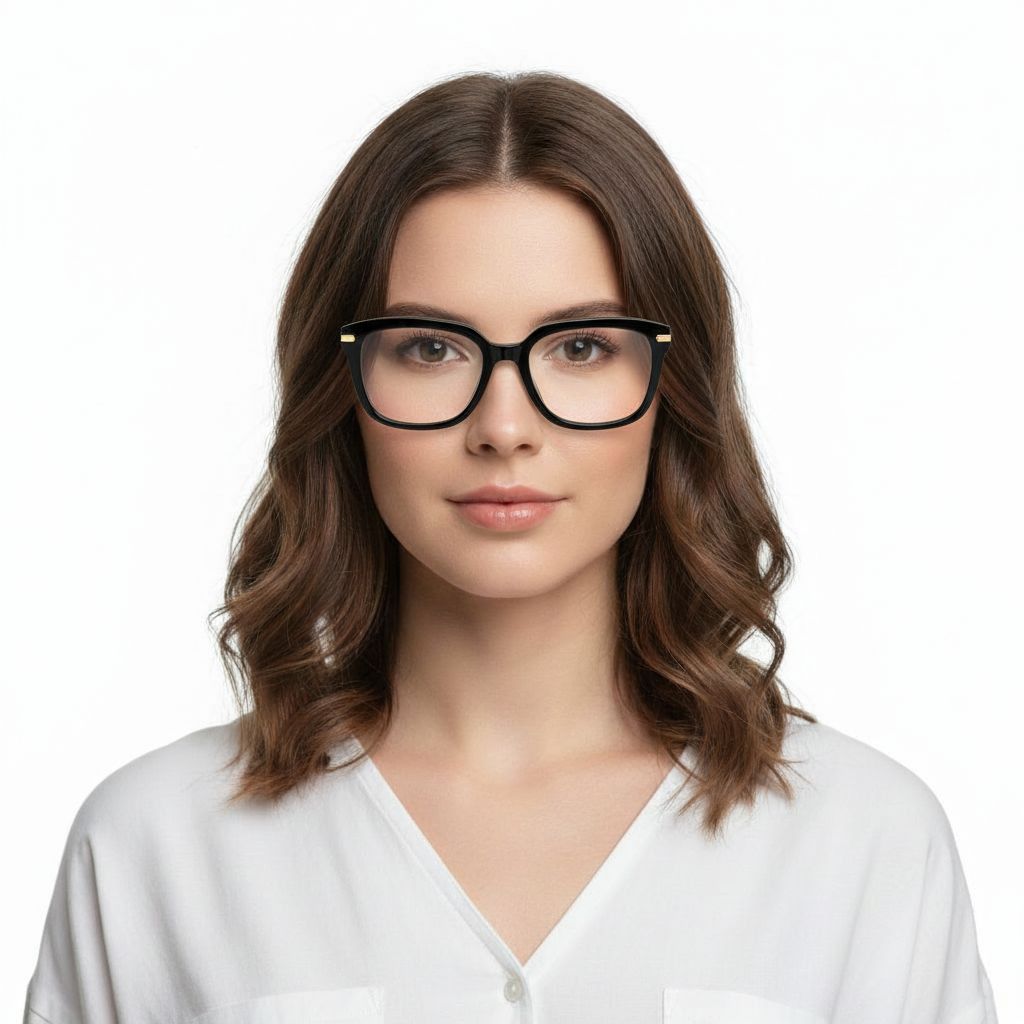 Professional woman after AI virtual glasses try-on showing perfect eyewear fitting
