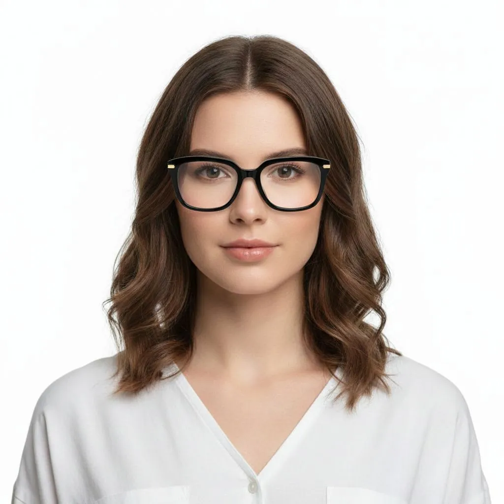 Professional woman after AI virtual glasses try-on showing perfect eyewear fitting