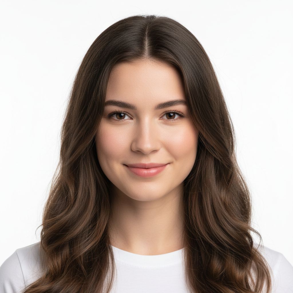 Young woman with natural dark brown hair before virtual hair color try-on