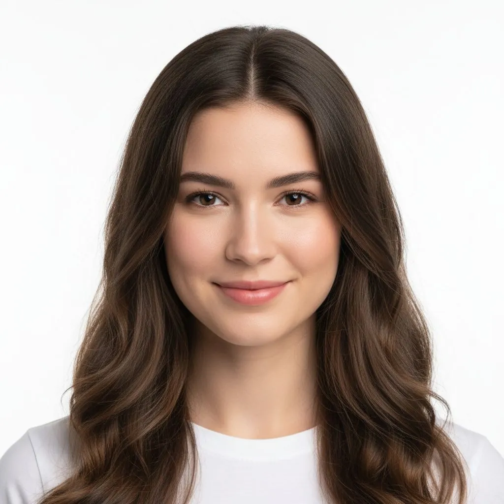 Young woman with natural dark brown hair before virtual hair color try-on