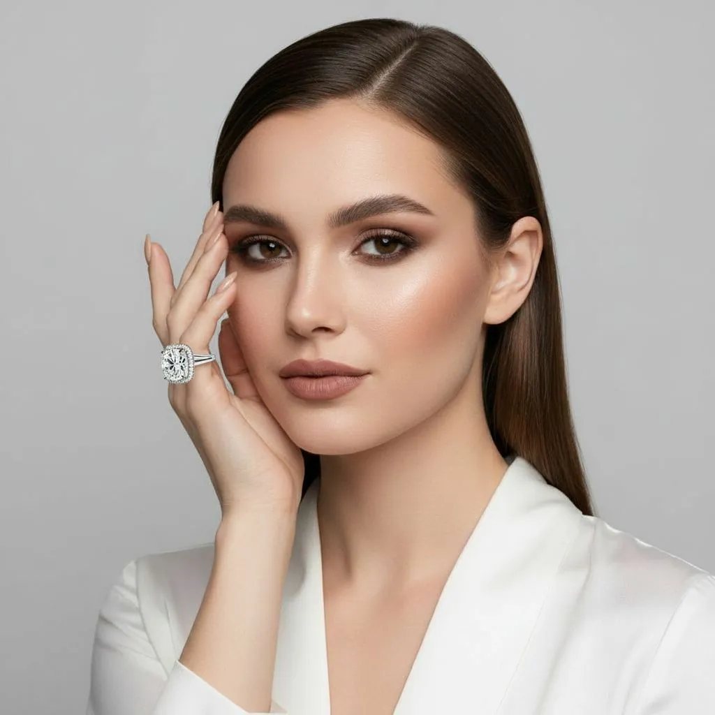 Elegant hand wearing luxury diamond engagement ring with perfect AI virtual try-on placement