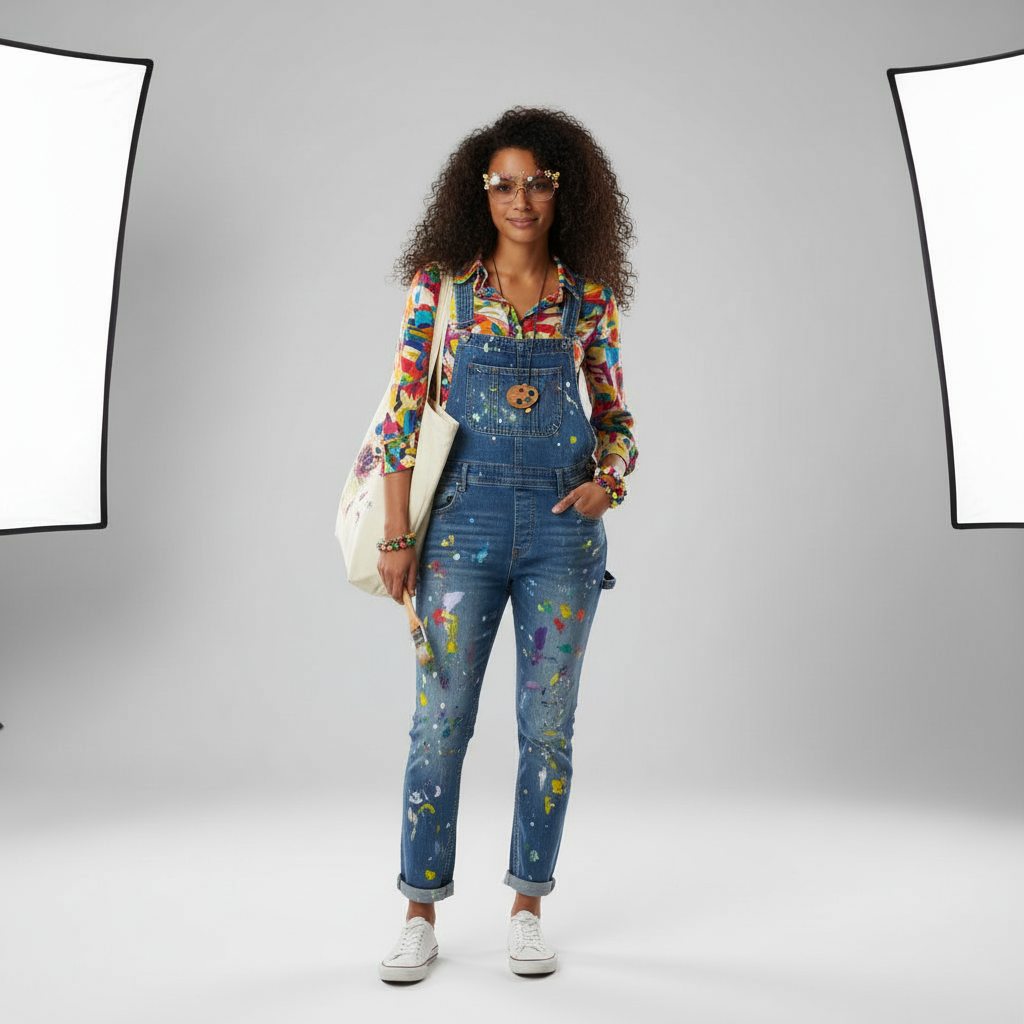 Virtual clothing try-on showing artist creative style with vintage glasses and artsy jewelry