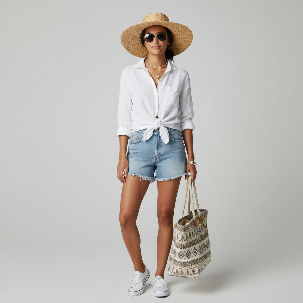 AI virtual try-on result showing beach vibes with sunglasses and summer accessories