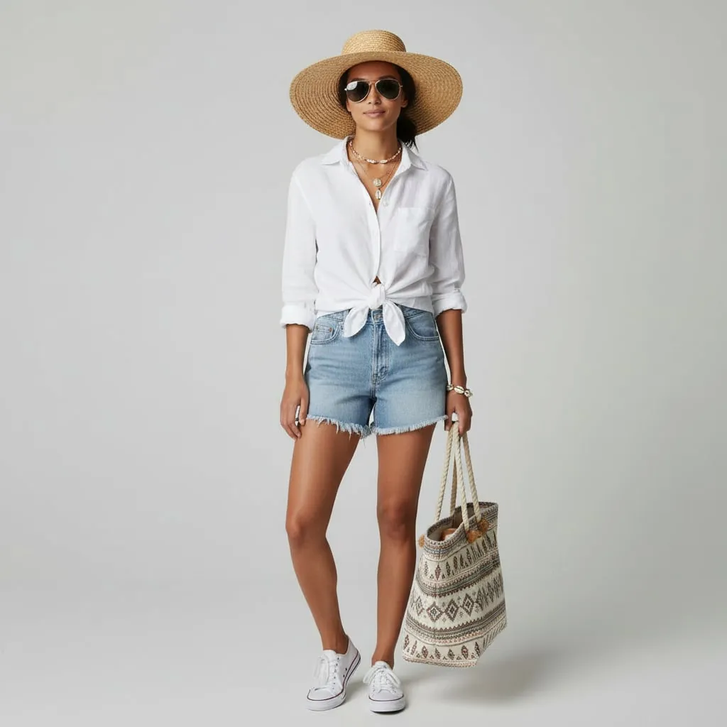 AI virtual try-on result showing beach vibes with sunglasses and summer accessories