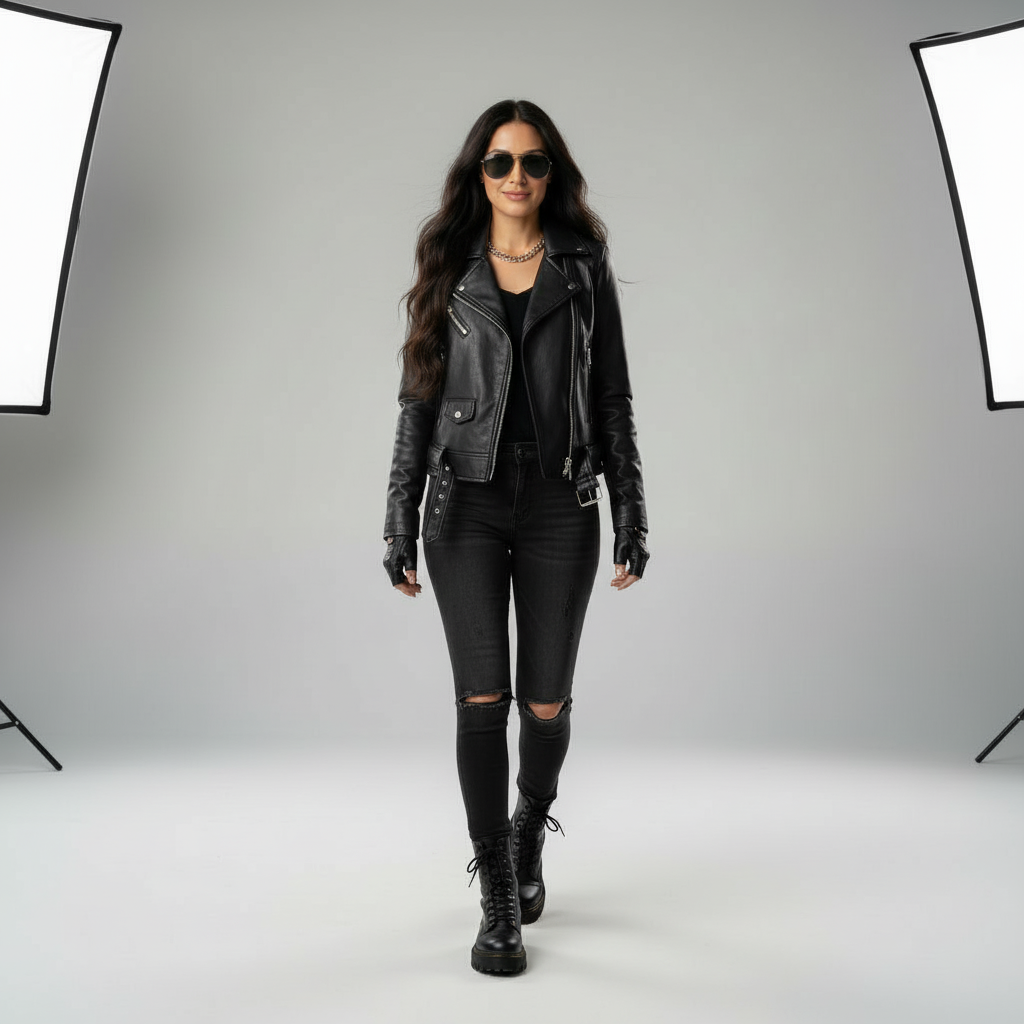 Virtual clothing try-on showing biker rebel style with sunglasses and edgy accessories