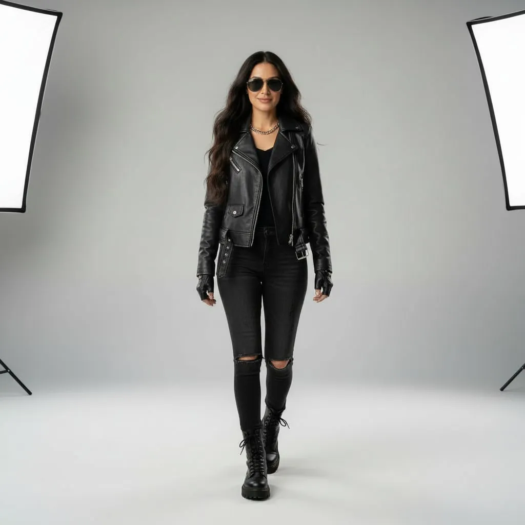 Virtual clothing try-on showing biker rebel style with sunglasses and edgy accessories