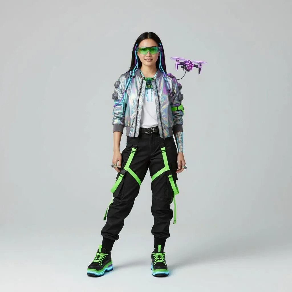 AI virtual try-on result showing cyberpunk style with futuristic glasses and accessories