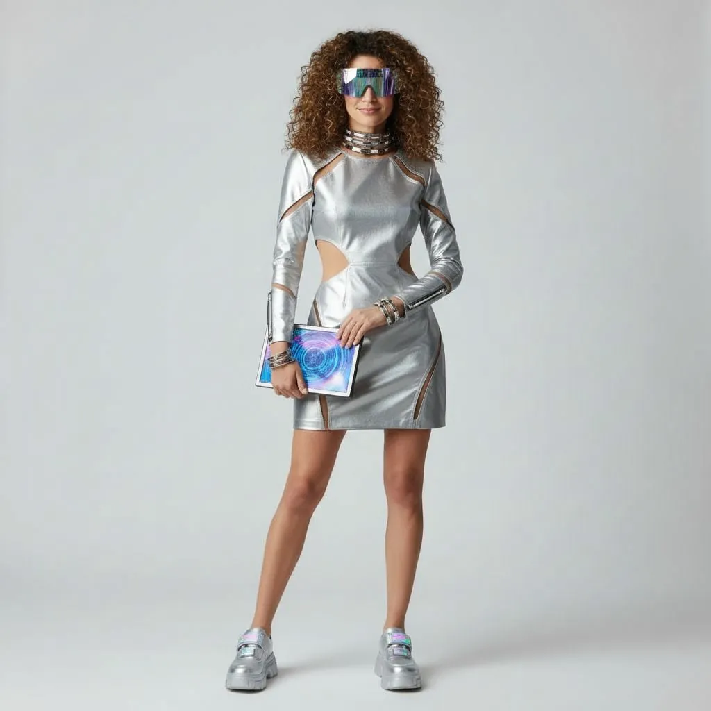 AI virtual try-on showing futuristic tech style with high-tech glasses and digital accessories