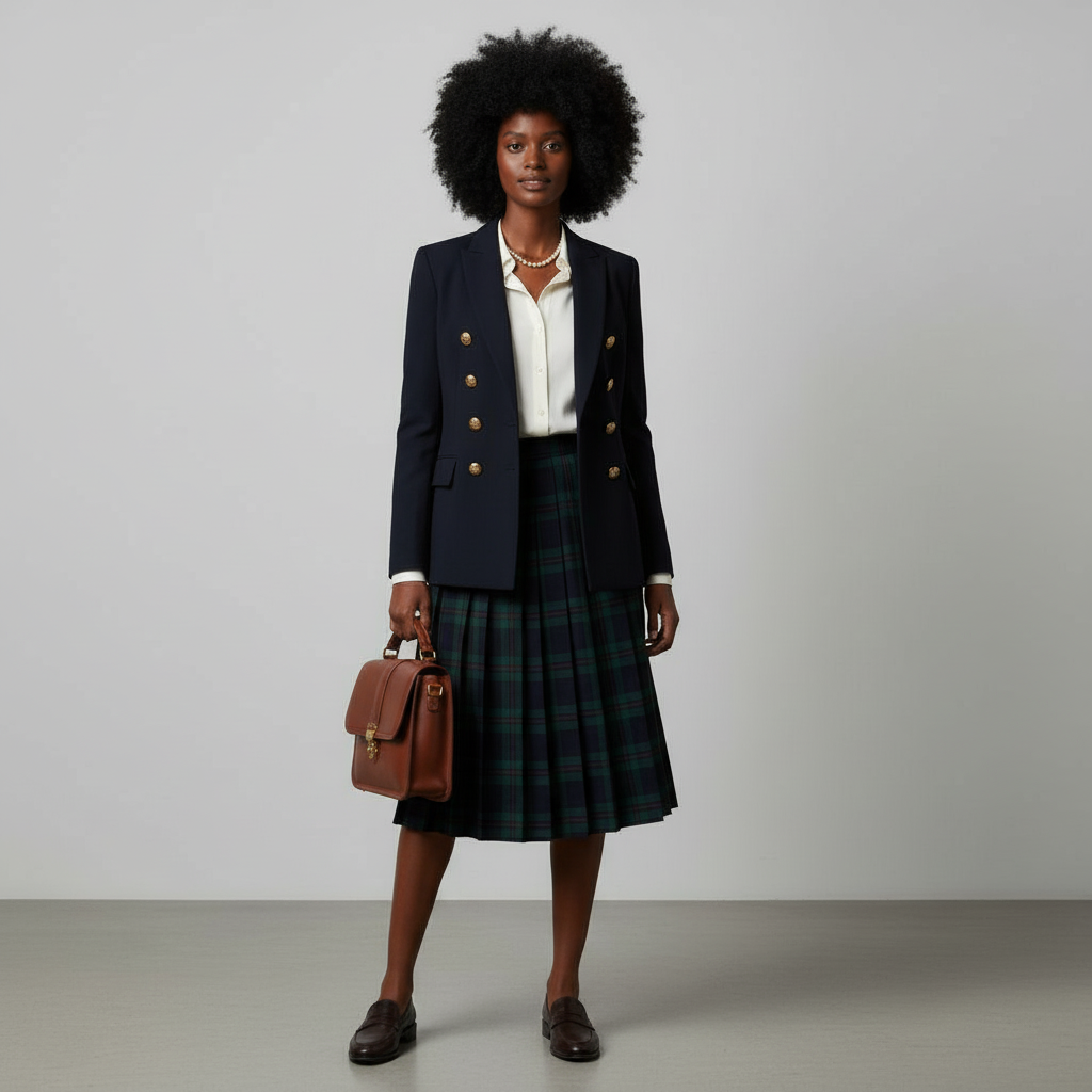 AI clothes changer result showing preppy classic style with prescription glasses and pearls