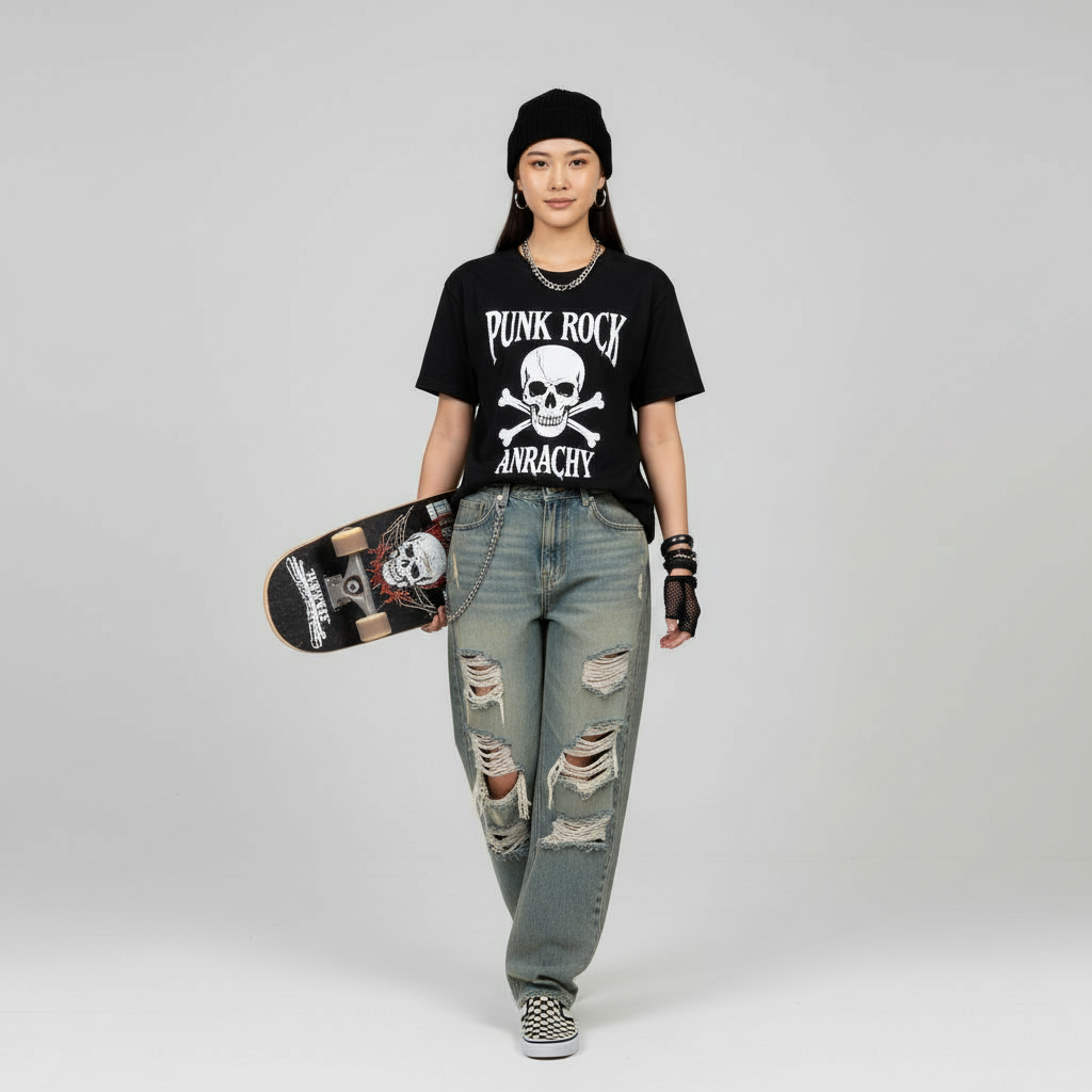 AI virtual try-on result showing skater street style with urban sunglasses and street accessories