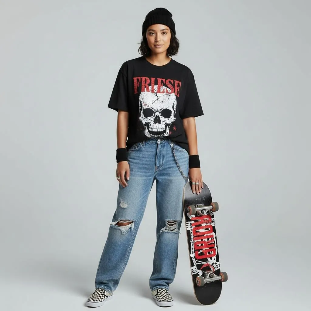 AI virtual try-on result showing skater street style with urban sunglasses and street accessories