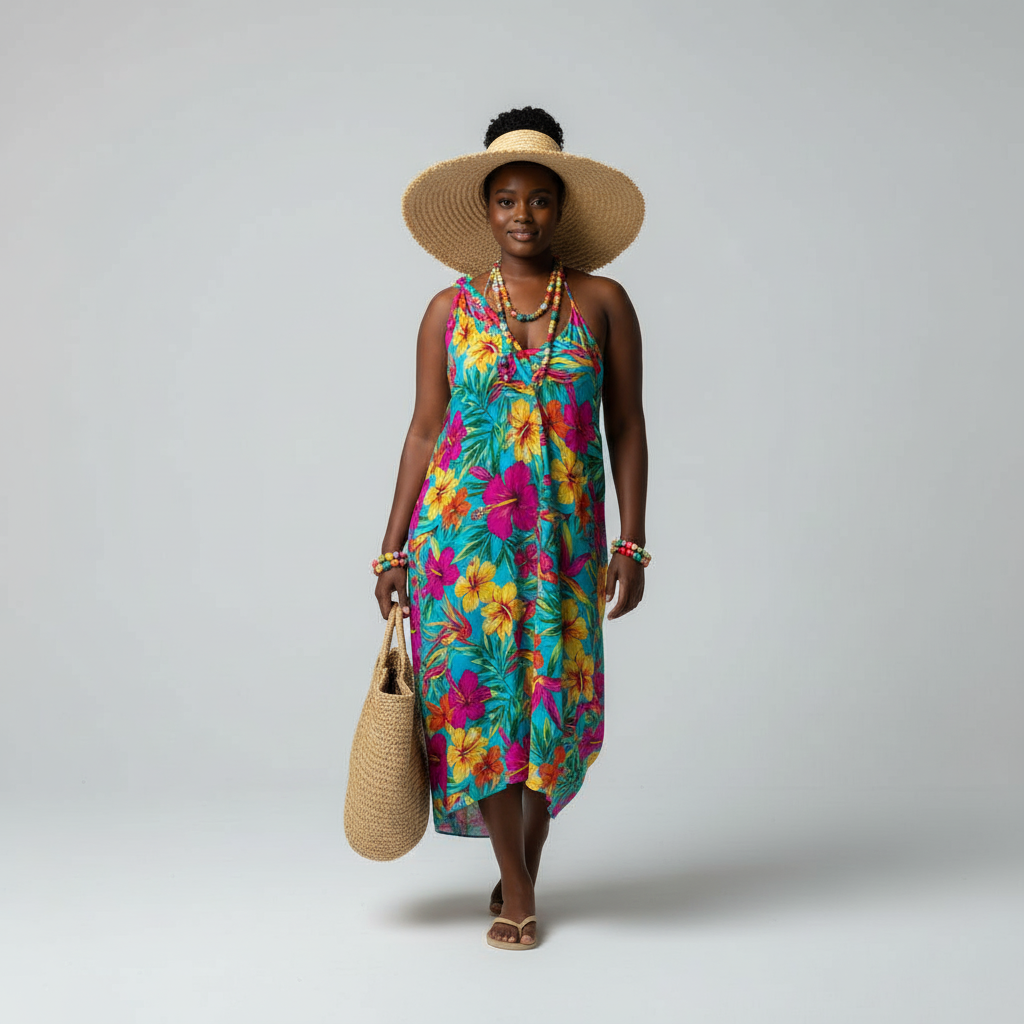 AI virtual try-on result showing tropical paradise style with vacation sunglasses and beach jewelry
