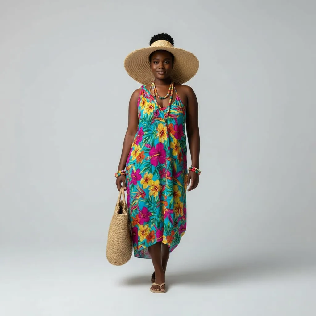 AI virtual try-on result showing tropical paradise style with vacation sunglasses and beach jewelry