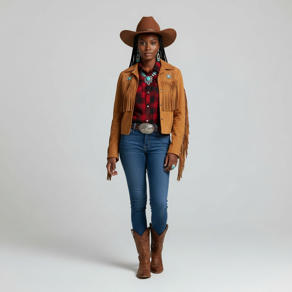Virtual try-on result showing western frontier style with cowboy glasses and rustic accessories