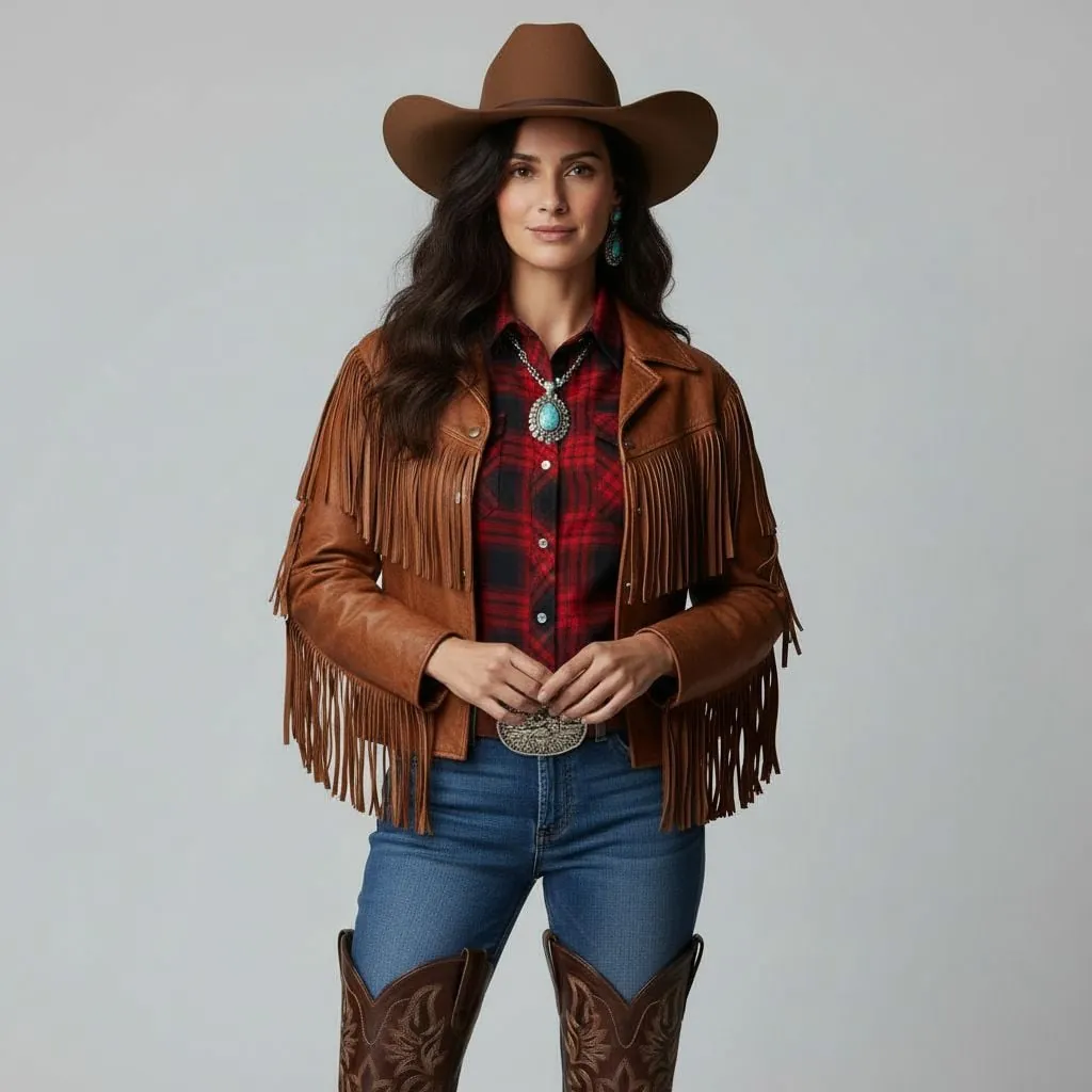 Virtual try-on result showing western frontier style with cowboy glasses and rustic accessories