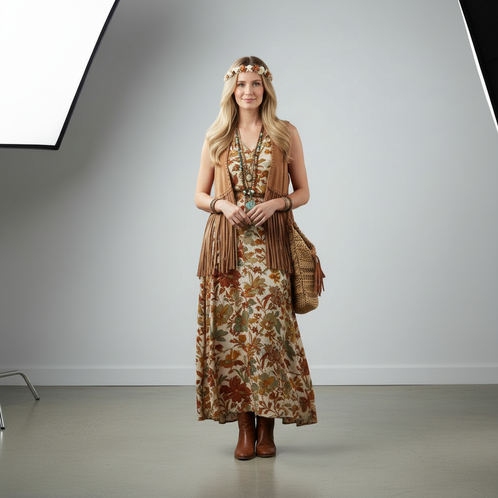 Virtual try-on result showing bohemian chic style with jewelry and flowing accessories