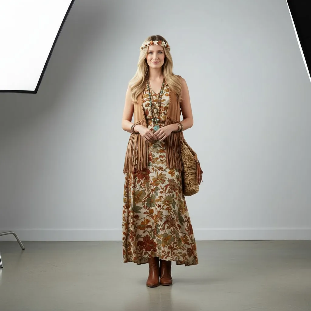Virtual try-on result showing bohemian chic style with jewelry and flowing accessories