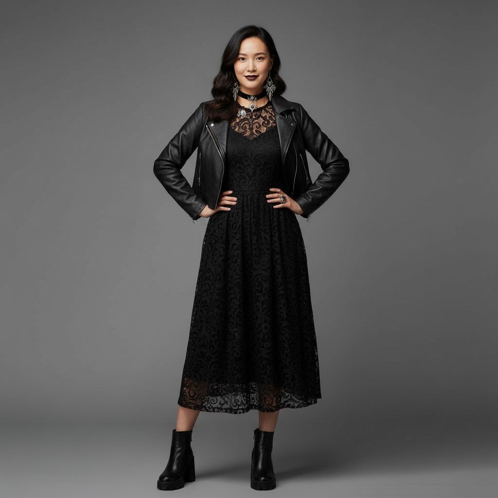AI clothes changer result showing gothic drama with dark glasses and dramatic jewelry