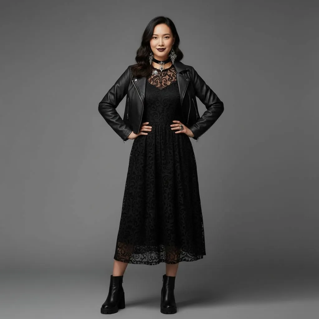 AI clothes changer result showing gothic drama with dark glasses and dramatic jewelry