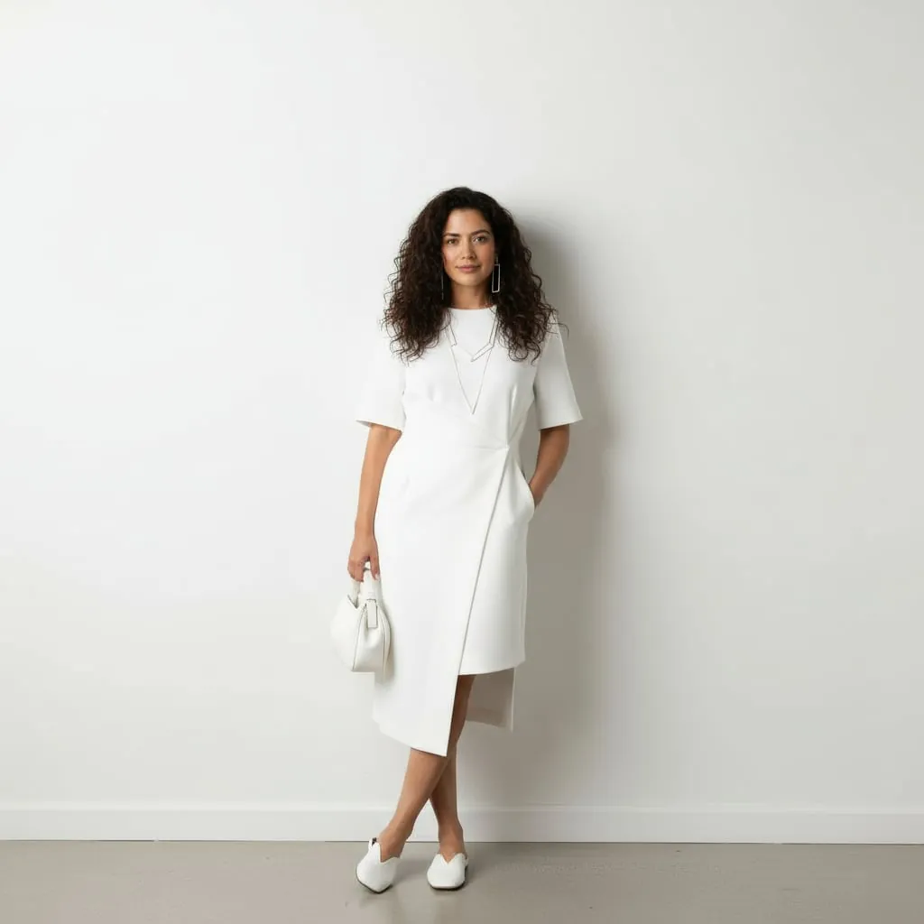 Virtual clothing try-on showing minimalist modern style with sleek glasses and simple jewelry