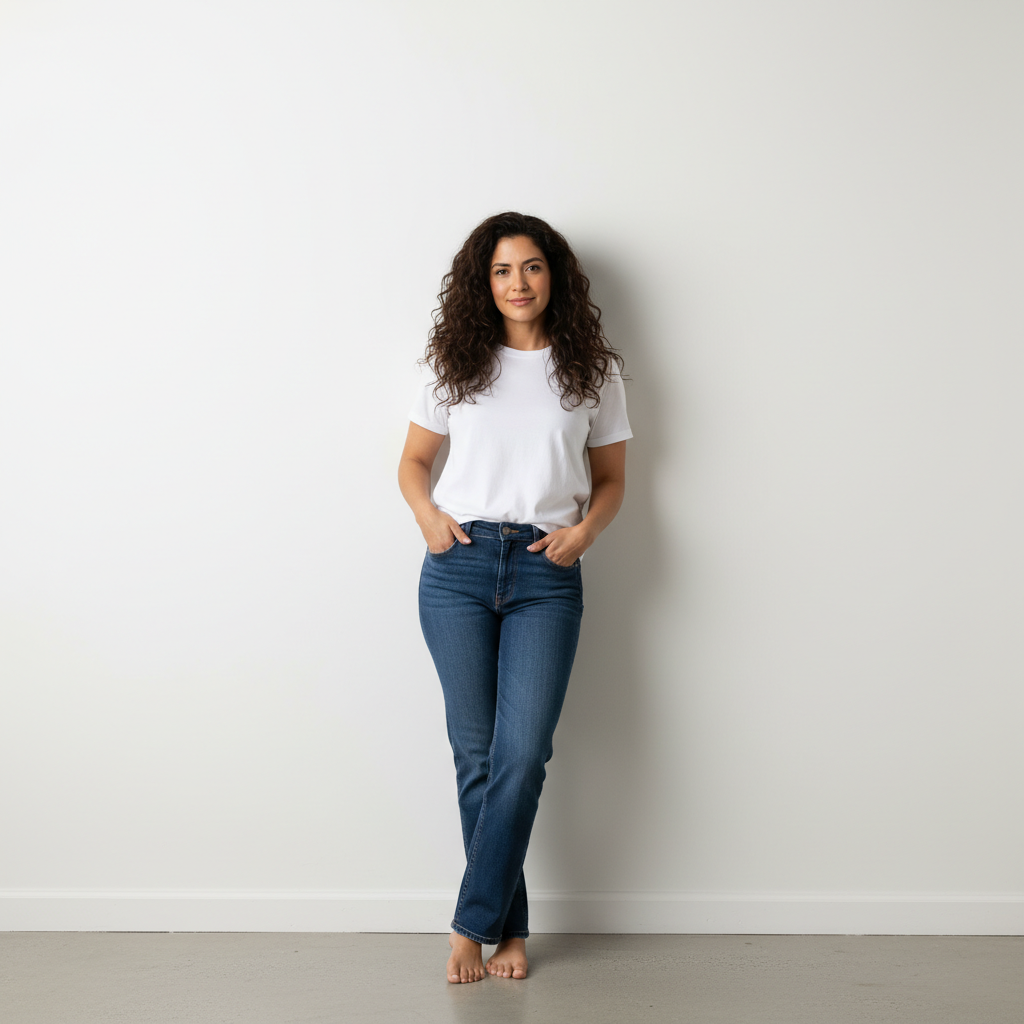 Woman portrait before AI virtual try-on minimalist modern style transformation