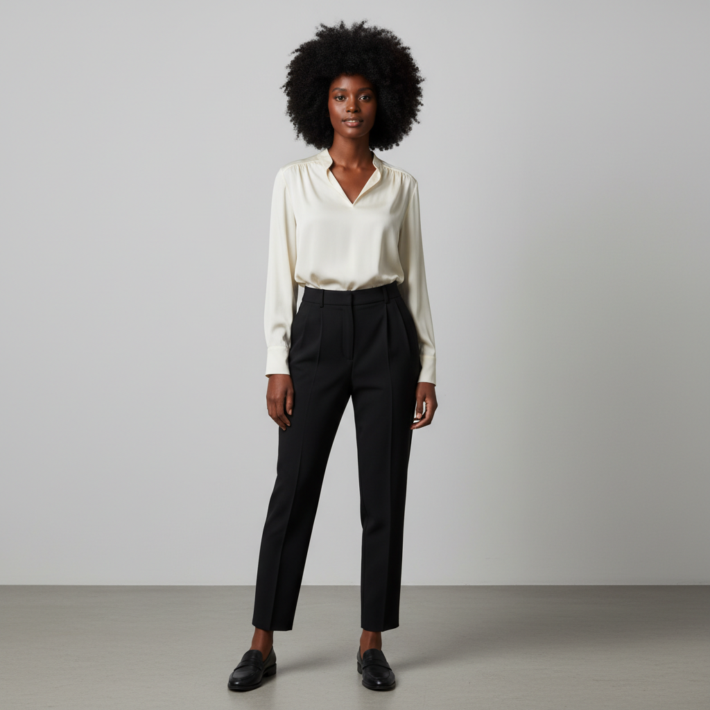 Woman portrait before AI virtual try-on preppy classic style transformation