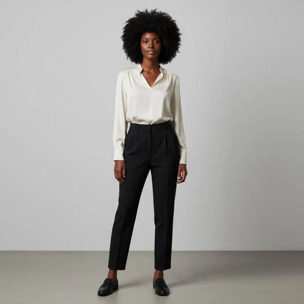 Woman portrait before AI virtual try-on preppy classic style transformation