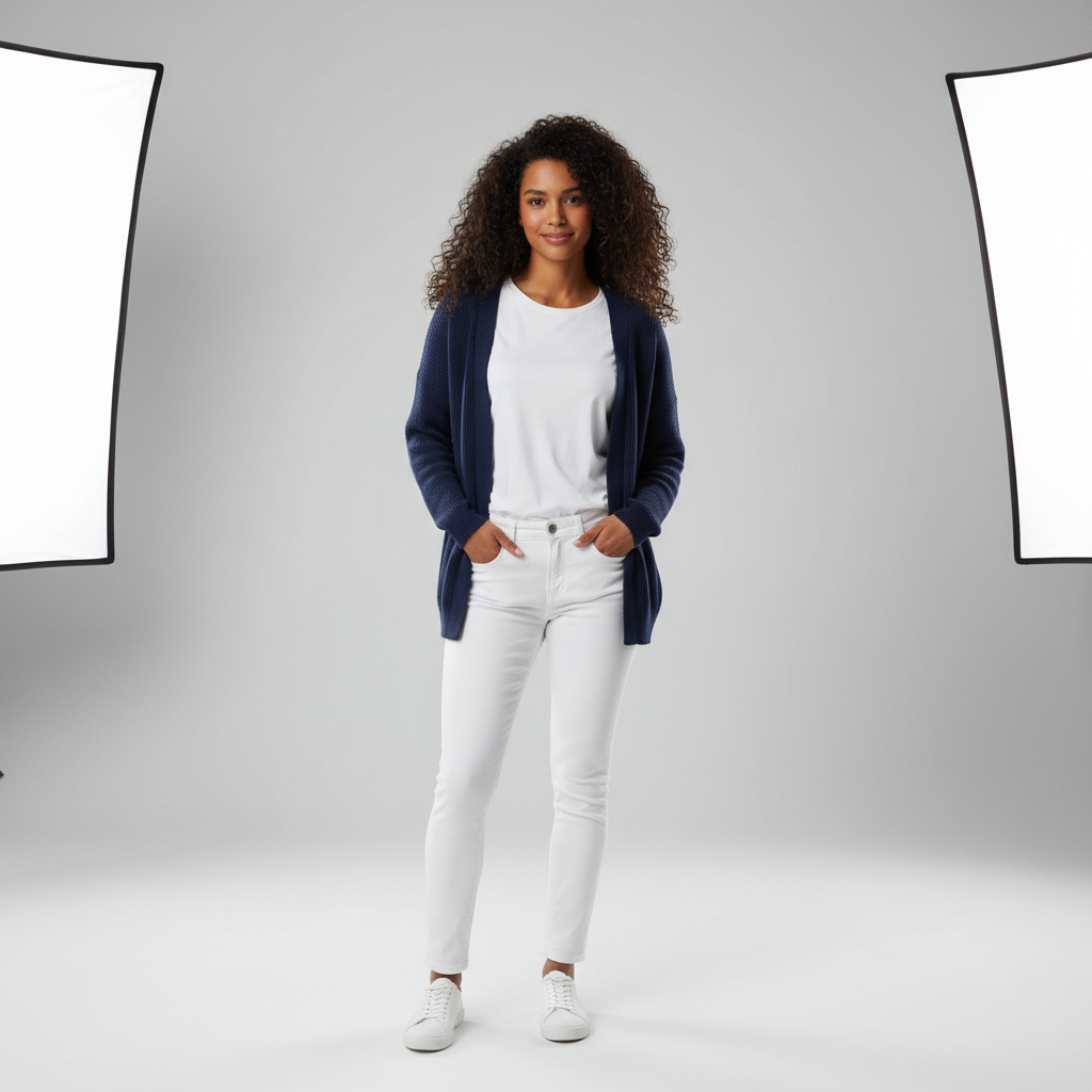 Woman portrait before AI virtual try-on skater street style transformation