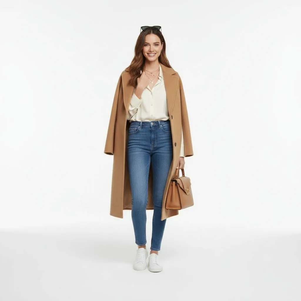 Same beautiful woman now perfectly styled in complete chic outfit - AI virtual try-on result