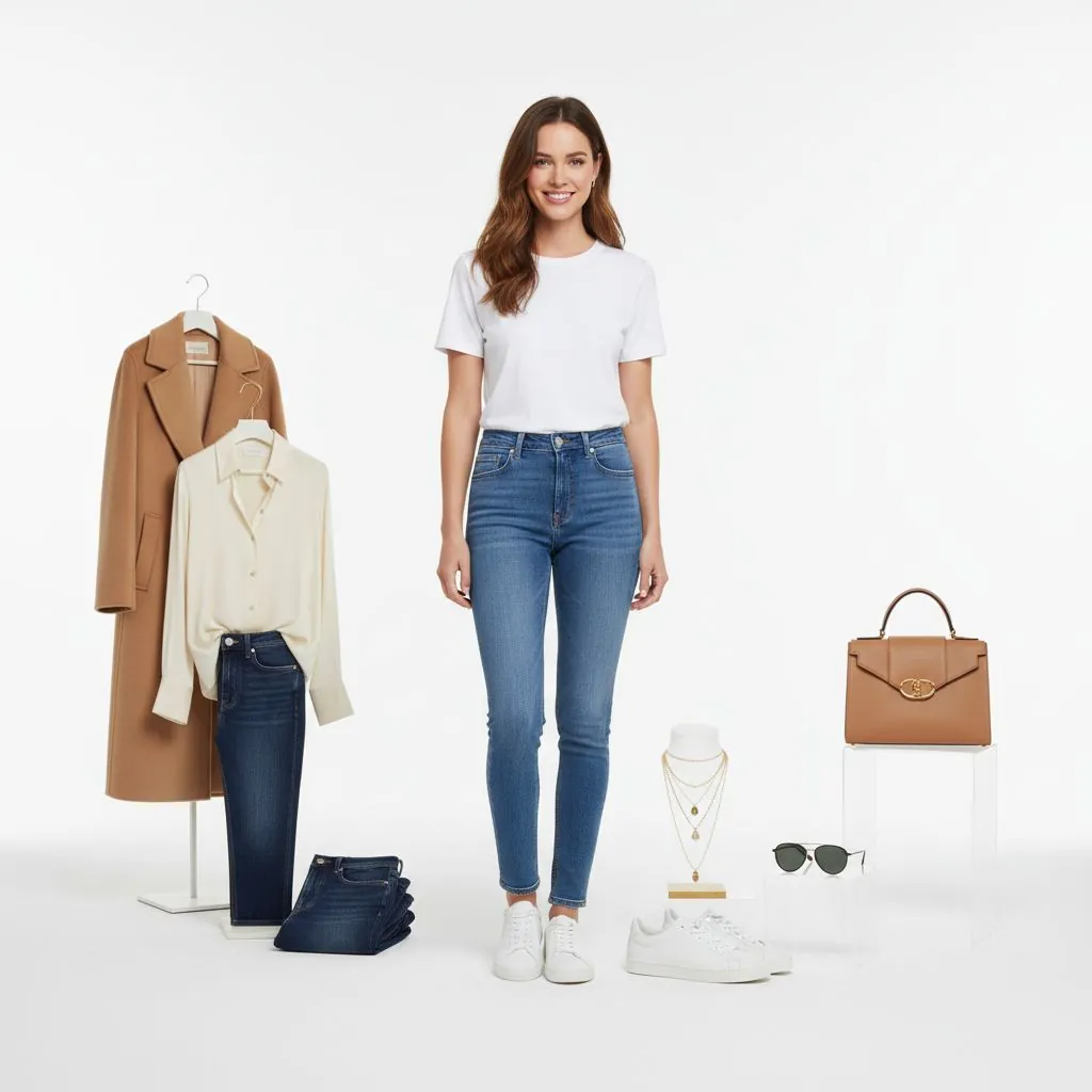 Beautiful woman with fashion items displayed around her - ready to create the perfect styled look